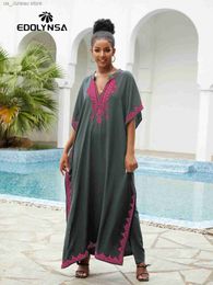 Urban Sexy Dresses 2024 Summer Grey Standing Collar Embroidered Kaftan Dress For Women Clothing Boho Holiday House Robe Beach Dresses Q1545 T240412