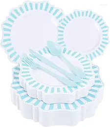 Disposable Dinnerware 150pcs Easter Plastic Plates And Silverware Set Light Blue Printed Dinner/Dessert Serve 30 Guests