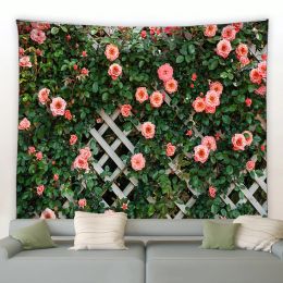 Spring Butterfly Flowers Tapestry Retro Wooden Fence Nature Pink Rose Plants Floral Wall Hanging Garden Home Decor Scenery Cloth