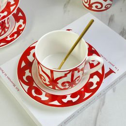 Red Geometric Household Coffee Set, Bone China Cup, Saucer Pot, Milk Pot, Sugar Jar, Black Tea Set, Coffeeware, Kitchen Teaware