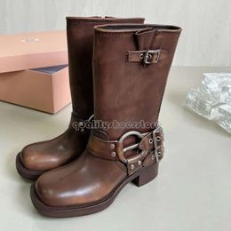 Woman Miui Shoes Boots Harness Belt Buckled Cowhide Leather Biker Knee Boots Chunky Heel Zip Knight Boots Square Toe Ankle for Women Designer Shoes Factory 206