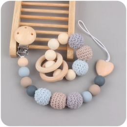 Pacifier Clips Elephant Wooden Clip Geometric Crochet Beads Bag Wood Teether for Baby Pacifier Holder Dummy Clips Pacifier