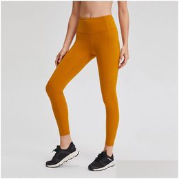 Frauen Trailsuiten L021 Frauen Yoga Hosen mit Taschenmädchen Running Outfit Fitness Strumpfhosen Leggings Solid Color Lady High Taille Sport Tr otjiw