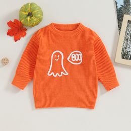 Kids Boys Girls Sweater Ghost Letter Embroidery Crew Neck Long Sleeve Pullovers Fall Toddler Clothes Jumpers Tops