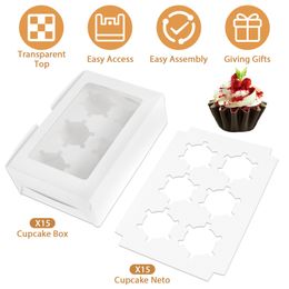 15 Pcs Cupcake Container 6 Cavity Cupcake Packaging Box Paper Cupcake Boxes With Clear Window Cupcake Holder For Pastries