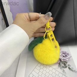 Key Rings New Lemon Keychain Accessories 100% Natural Rabbit Hair Pendants Ladies Plush Bag Pendants Mens Cars Cute Wome Key Holder 240412