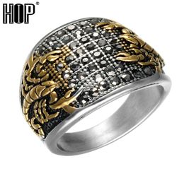 Punk Vintage Black Crystal Scorpion Pattern Mens Ring Gold Colour Round Stainless Steel Titanium Rings for Men Jewelry6824469