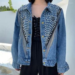 Women's Jackets Hand-Studded Rivet Spring Denim Tassel Jacket Streetwear Women Chain Short Jeans Hip Hop Loose Black Coats Full Sleeve Lapel