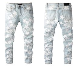 Top High Quality Mnes Jeans Fashion Designer pattern printed Light Blue Jean Cool Casual Slim Fit Stretch Youth Denim Pants 100 C7057427