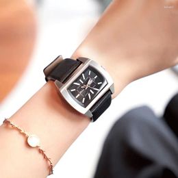 Wristwatches Rectangular Vintage Wrist Watches For Women Silver Case Ladies Genuine Leather Band Quartz Clock