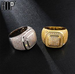 Hip Hop Iced Out Bling Full CZ Charm Tready Square Copper Zircon Ring For Men Women Jewellery Gold Silver Size 8112266928