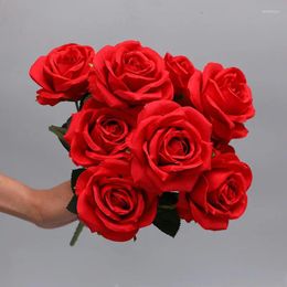 Decorative Flowers Wedding Bridal Floral 10 Heads Artificial Roses Bundle Silk Fake Home Living Room Decoration Simulation Flower Red Rose