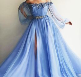 Off The Shoulder Evening Dresses 2018 Puff Sleeves Appliques Beaded Tulle Satin Split Side Floor Length Light Sky Blue Lavender Pr1515880