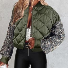 Women's Trench Coats 2024 Autumn Winter Clothing Sequin Stitching Lantern Sleeve Casual Baseball Uniform Cotton-Padded Jacket