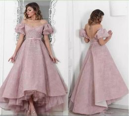 Modest Pink Beads Lace African Evening Dresses 2019 With Poet Sleeve Backless Saudi Arabic Formal Party Gowns High Low Pageant Pro4012786