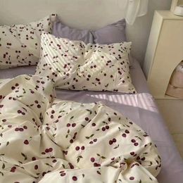 Ins Korean Pastoral Flower Bedding Set Purple Bed Flat Sheet Pillowcase Twin Full Queen Size Bed Linen Women Girls Duvet Cover