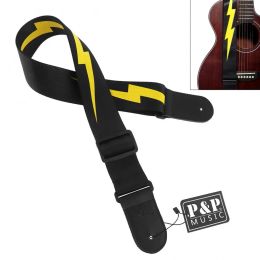 Hanger Adjustable Guitar Strap Yellow Lightning Pattern with Genuine Leather Head for Acoustic Electric Bass Guitar