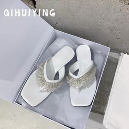 Slippers Est Summer Genuine Leather Thongs Kitten Heel Woman Outdoor Fringe Decora Mules Flip-Flops Sapato Feminino