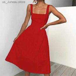 Basic Casual Dresses Women New Sexy Backless A-line Dresses 2021Fashion Spaghetti Strap Summer Beach Dress Casual Solid Sling Midi Dress Red Vestidos 1 T240415