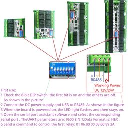 4-32CH 10A 20A DC 12V 24V RS485 Bus Relay Module DIP Setup Parameters Modbus RTU Serial Port UART Switch Board HMI PLC