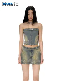 Work Dresses Spicy Girl Denim Suit For Women High Elastic Short Sexy Strapless Bra Tube Top Wrap Hip Slim Skirt Set Two Piece