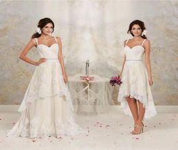 2020 Lace Wedding Dresses Detachable Skirt Short Appliques Bridal Gowns Spaghetti Straps Crystal Beaded A Line Wedding Dress4909141