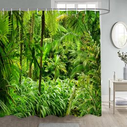 Tropical Rainforest Shower Curtains Green Plant Palm Leaves Jungle Landscape Waterproof Fabric Bathroom Curtain Decor with Hooks