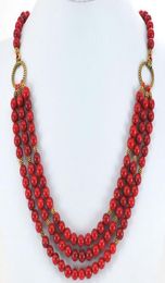 3 Strands Red Coral Round Beads Gold Toggle Necklace 19quot 5463108