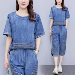 Join Together Denim Suit Women Summer Cowboy 2 Piece Set Korean Fashion Casual Thin Sportswear TwoPiece Ladies 240412