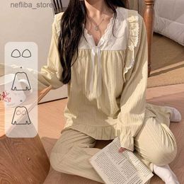Sexy Pyjamas Women Spring Pajamas with Breast Cushion Solid Color y Sweet Pyjamas Lace Long Sleeve Nightgown Set Lacework Bow Sleepwear L410