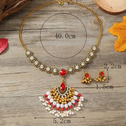 European and American heavy industry Indian style luxurious tassel necklace earrings set Exotic style pearl rhinestone collarbon