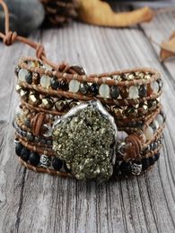 Raw Pyrite Boho Bracelet Mixed Natural Stones 5 Strands Wrap Bracelets Handmade Pyrite Charm Leather Bracelet Women Bracelets CX203325060