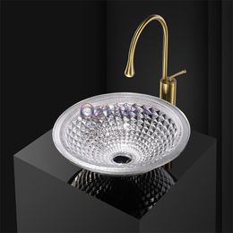 Bathroom Sink Light Luxury Round Crystal Glass Countertop Washbasin Washroom Toilet Vessel Sink Noble Golden Glass Bowl Basin