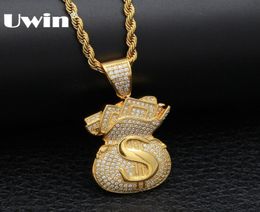 Uwin US Money Bag Necklace Pendant Full Bling Cubic Zirconia Iced Out Gold Chains Silver Gold Colour Hiphop Jewellery For Men3984835