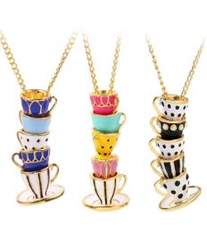 Pendant Necklaces Boho Hand Made Tea Cup Necklace Woman Collier Sweater Chain Clothing Accessories Long Enamel Collane Jewelry2653835