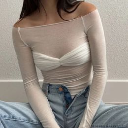 Sexy See Through Mesh Women T-shirt White Off Shoulder Long Sleeve Ruched T-shirt Female Spring Skinny Casual Streetwear 240411