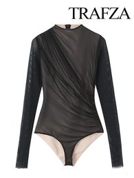 TRAFZA Autumn Sheer Solid Women Bodysuit Y2K Long Sleeve O Neck Black Zipper Skinny Female Chic Tulle Elegant Sexy Body Tops