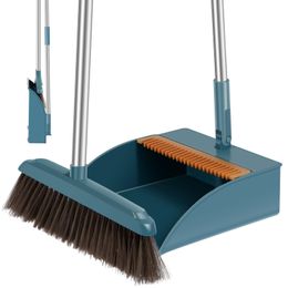 Broom and Dustpan Set with Magnetic Design Portable Broom Dustpan Combo with Comb Teeth Upright Standing Floor Brush and Dustpan