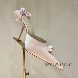 Slippers Sexy Pink Silk Pointed Toe Pearl Flowers Decorated Stilettos Mules Summer Large Size Dress Shoes Women's High Heels