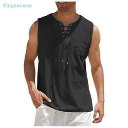 Men's Casual Shirts Sleeveless Fashion Blouse Tie Neck Loose Cotton Linen Breathable Hawaii Vest Beach Top Camisa Masculina