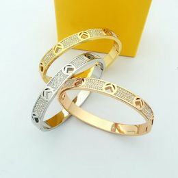 Europe America Top Designer Style Bangle Men Lady Women Brass Hollow Out Engraved F Letter Settings Diamond Plated Gold Bracelet 3 Color