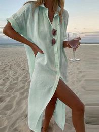 Spring Solid Color Cotton Linen Dress Women Elegant Casual Party Summer Lapel Button Split Mid Length Shirt 240412