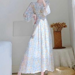 Casual Dresses Fashion V-Neck Printed Shirring Butterfly Sleeve Chiffon Floral Dress Women's Clothing 2024 Spring Loose Korean Long