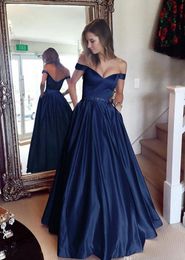 Navy Blue Ball Gowns Prom Dresses Off Shoulder Crystal Beaded Sash Satin Floor Length Dark Red Backless Evening Dresses DH40941703286