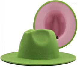 Berets Outer Dark Green Inner Red Wool Felt Jazz Fedora Hats With Thin Belt Buckle Men Women Wide Brim Panama Trilby Cap 56-60CM