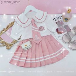 Clothing Sets College Style Jk Uniform Suit Korean Junior Girls Summer Clothes Short-Sleeved Shirt+ Pleated Skirt Set Send Tie Kids Loungewear Y240412Y240417QBEZ