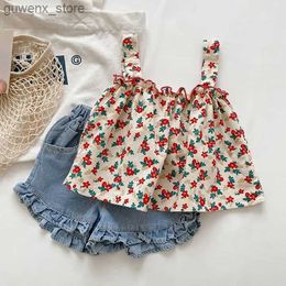 Clothing Sets Girls Suit 2023 New Summer Fashion Baby Girl Sleeveless Tops Sling Shirts +Denim Cute Shorts Two-piece Clothes Suits Y240412
