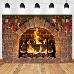 Winter Burning Firewoods Backdrop Christmas Brick Wall Fireplace Flame Wood Baby Portrait Photography Background Photo Studio