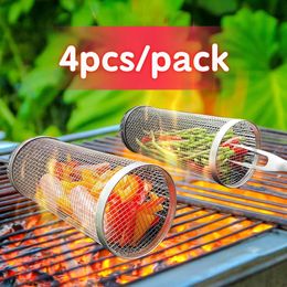 304 Stainless Steel BBQ Basket Mesh Barbecue Rack Cage Net Grate Rolling Cylindrical Grill Picnic Camping Cookware Kitchen Tool 240402