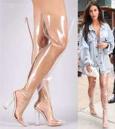 Kim Kardashian Clear PVC Pointed Toe Transparent Thigh High Boots Runway Summer Shoes Woman Plus Size Crystal Perspex Block Heels 7578997